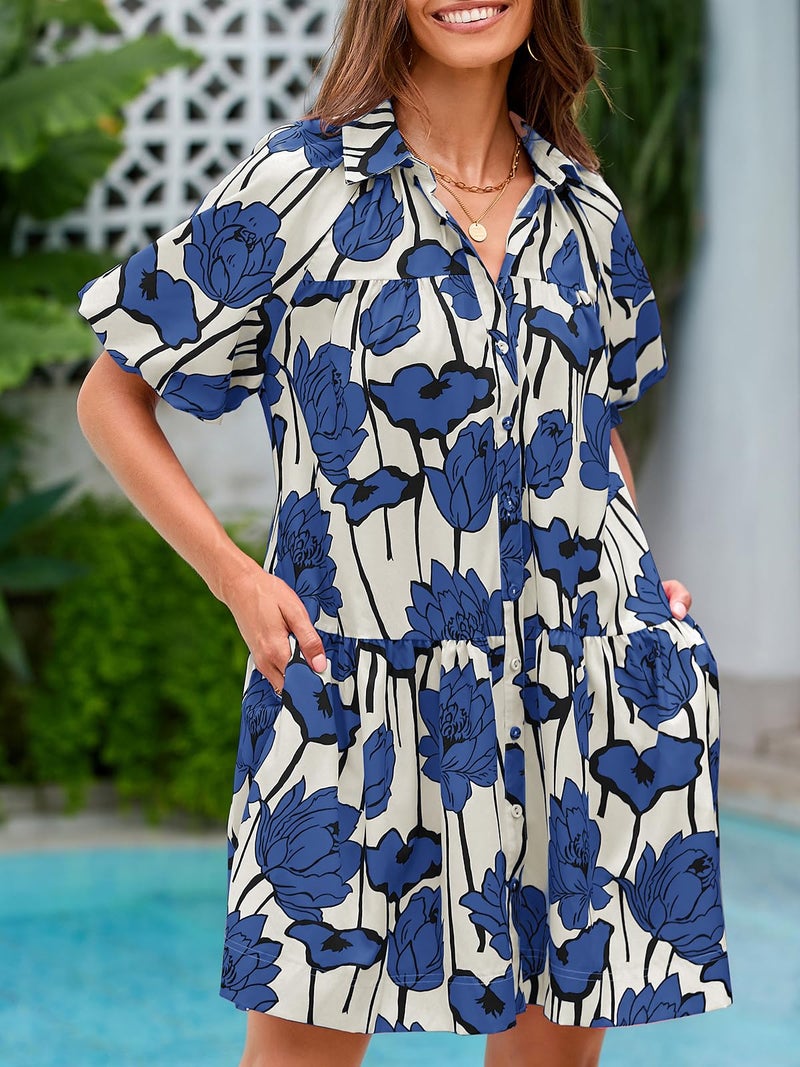 Wenrine Women's Summer Button Down Shirt Dress Floral Puff Short Sleeve Casual Loose Fit Beach Mini Dresses Blue - Image 3