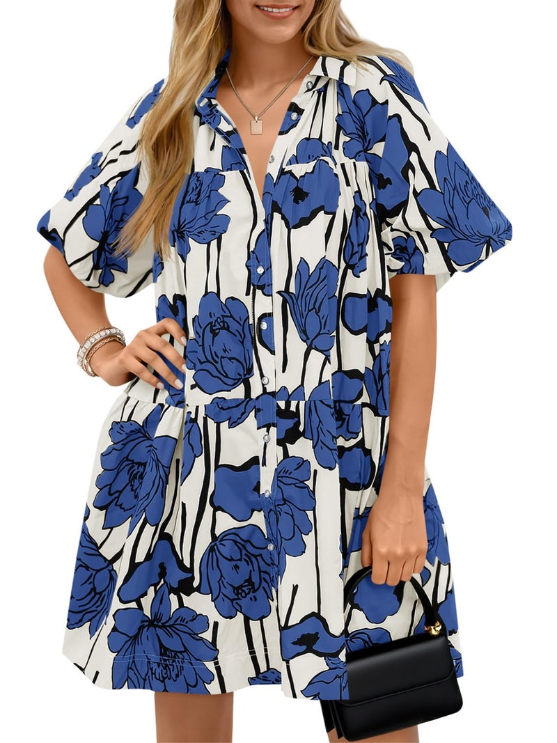 Wenrine Women's Summer Button Down Shirt Dress Floral Puff Short Sleeve Casual Loose Fit Beach Mini Dresses Blue - Image 1