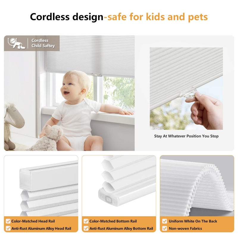 LazBlinds Cordless Cellular Shades, Light Filtering Honeycomb Shades for Home, Thermal Insulation Noise Reduction Blinds for Windows, 35'' W x 36'' H, White - Image 3