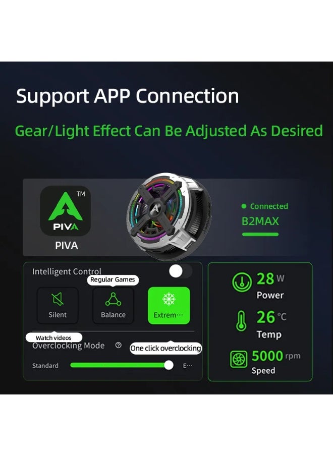 PIVA B2-MAX iPad Cooling Fan with 3 Speeds and RGB Lighting Control, 27W Super Cooling Technology, is specially designed for gaming enthusiasts and content creators with advanced cooling technologies and control via a dedicated app. Light weight, suitable for people who play gyroscope games on the iPad.
