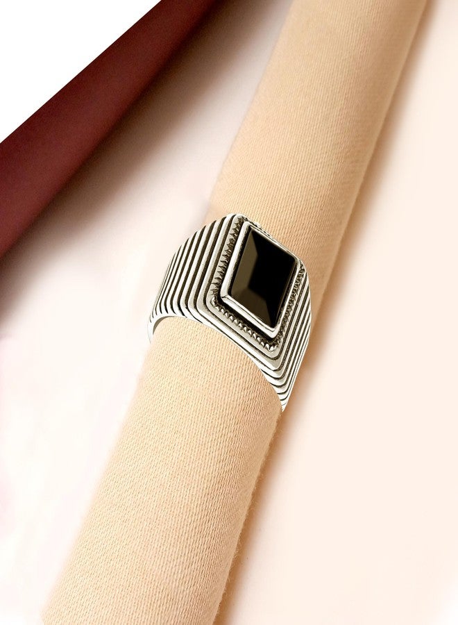 ليكالا خواتم رجالية عتيقة من الفضة الإسترليني عيار 925 من LeCalla | خاتم مرصع بحجر عين النمر الأسود وحجر العقيق الأسود على شكل وسادة | خواتم فضية مصنوعة يدويًا للرجال، هدية مثالية للأب (مقاس 8-10)، مقاس الخاتم 8 - Image 4