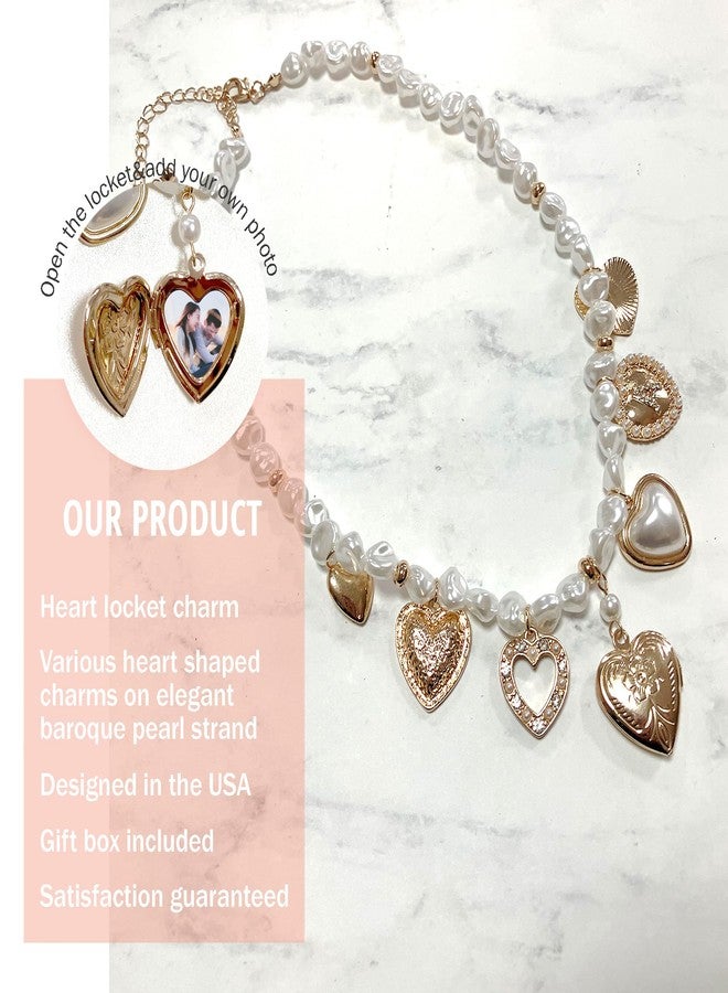 NTLX Gold Heart Charm & Pearl Beaded Necklace - Romantic Multi-Heart Pendant - Vintage Inspired Women’s Fashion Jewelry - Image 3