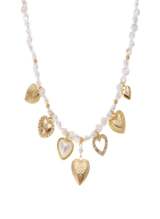 NTLX Gold Heart Charm & Pearl Beaded Necklace - Romantic Multi-Heart Pendant - Vintage Inspired Women’s Fashion Jewelry - Image 1