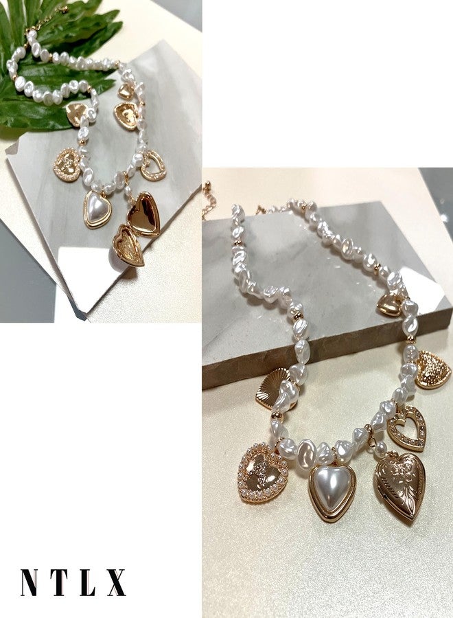 NTLX Gold Heart Charm & Pearl Beaded Necklace - Romantic Multi-Heart Pendant - Vintage Inspired Women’s Fashion Jewelry - Image 5