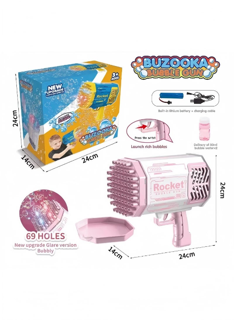 Rocket Bubble Shooter Gun, Upgraded 69 Holes Bubble Bazooka Machine with Colorful Lights and Bubble Solution for Kids and Girls, Indoor Decoration, Wedding Events (Pink) - Image 1