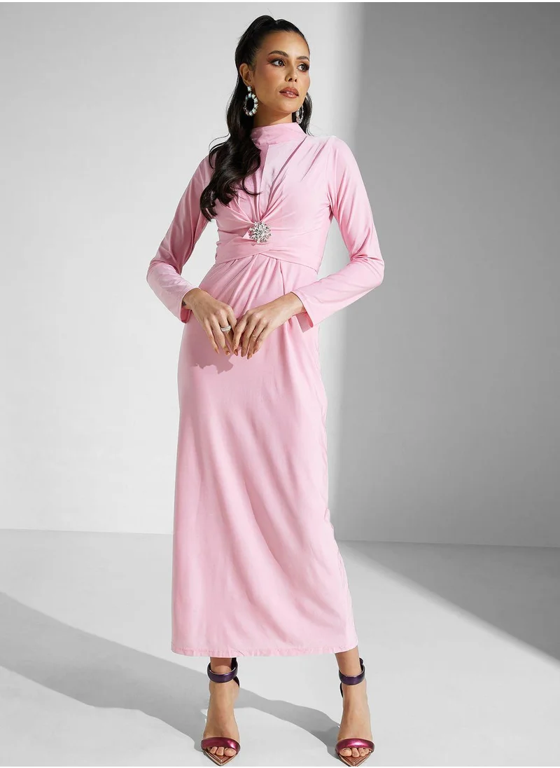 Golden Apple Mock Neck Buckle Belted Dress