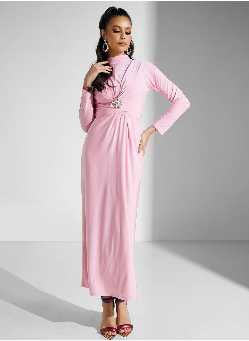 Golden Apple Mock Neck Buckle Belted Dress
