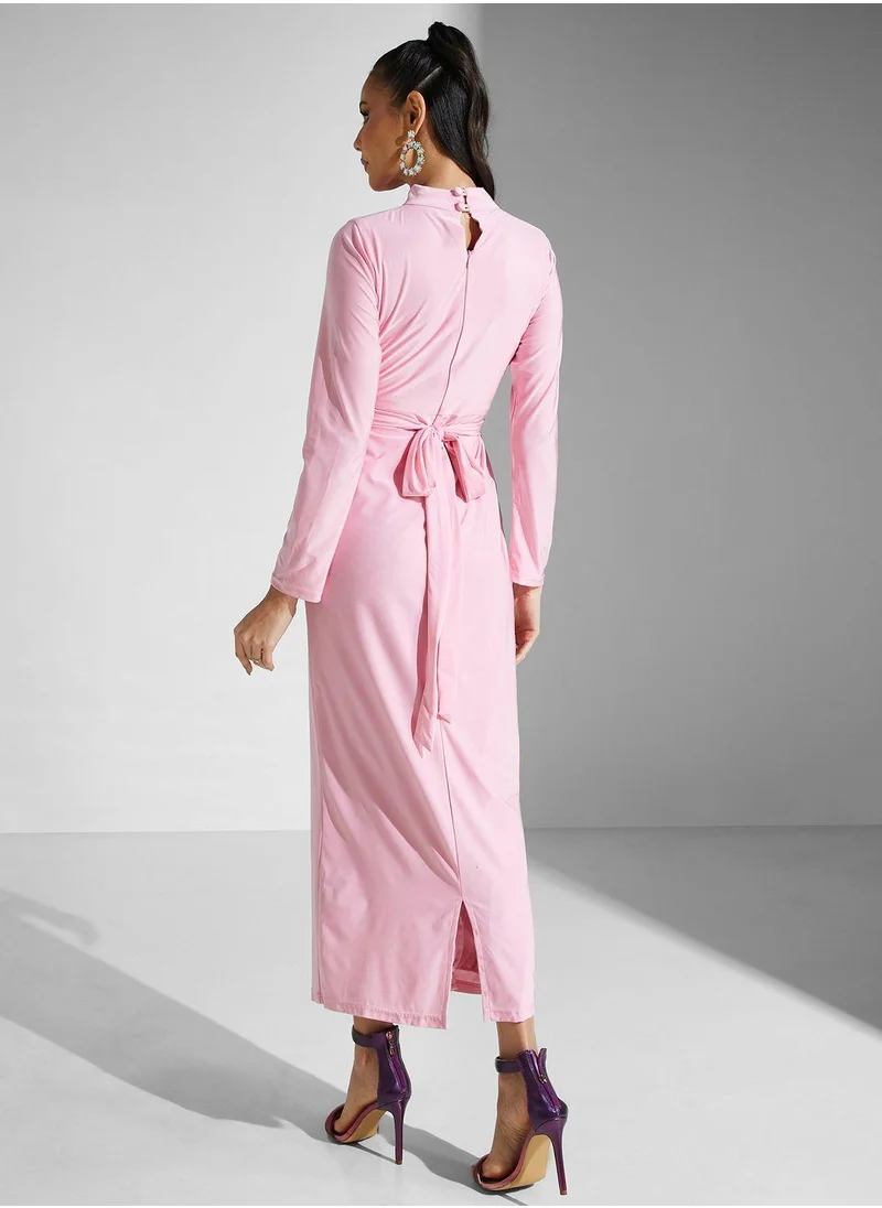 Golden Apple Mock Neck Buckle Belted Dress