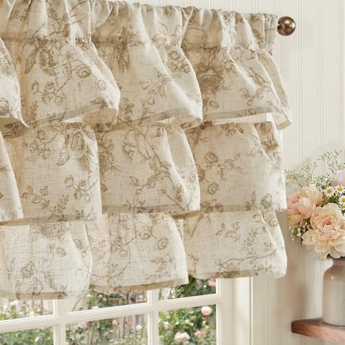 jinchan Amlie Ruffled Floral Valance Curtain Shabby Chic Linen Kitchen Valance Farmhouse Cottagecore Window Treatment for Bedroom Living Room Rod Pocket 1 Panel 18 Inch Taupe on Linen - Image 1