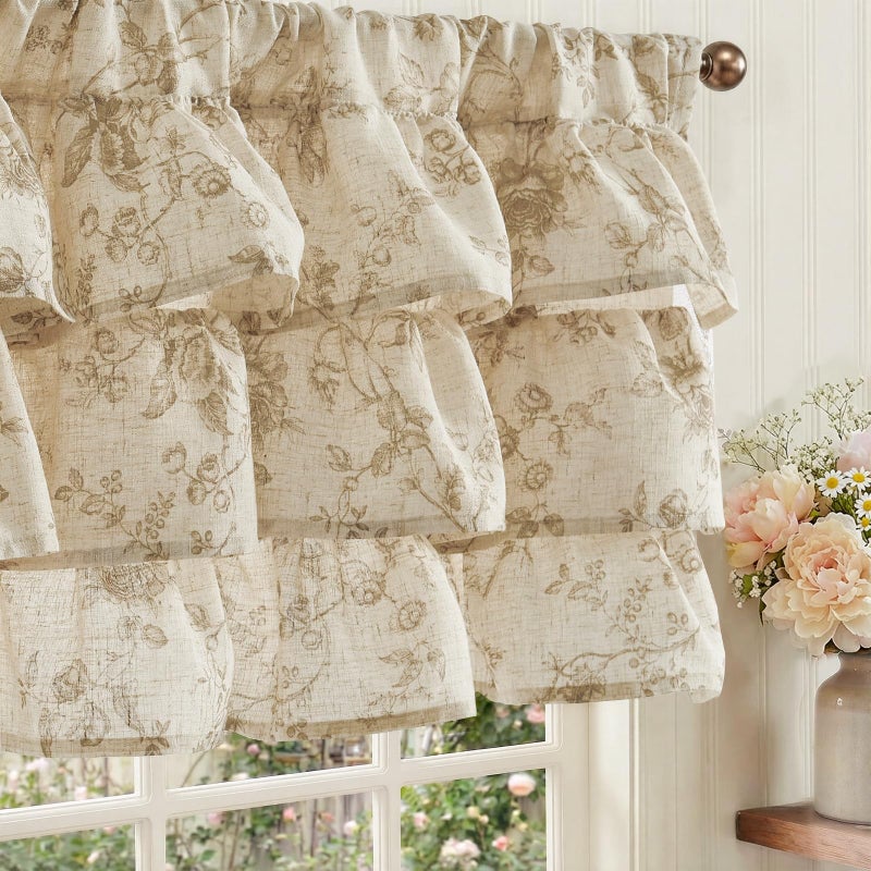 jinchan Amlie Ruffled Floral Valance Curtain Shabby Chic Linen Kitchen Valance Farmhouse Cottagecore Window Treatment for Bedroom Living Room Rod Pocket 1 Panel 18 Inch Taupe on Linen - Image 2