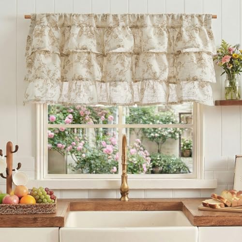 jinchan Amlie Ruffled Floral Valance Curtain Shabby Chic Linen Kitchen Valance Farmhouse Cottagecore Window Treatment for Bedroom Living Room Rod Pocket 1 Panel 18 Inch Taupe on Linen - Image 3