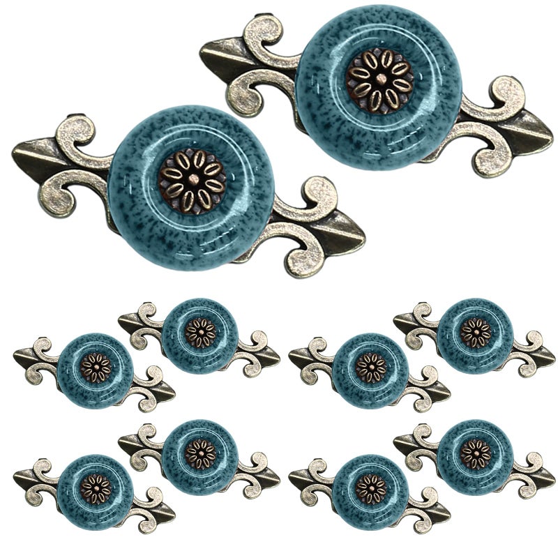 Suiwotin 10pcs Ceramic Blue Dresser Knobs with Pattern Vintage Cabinet Knobs with Antique Bronze Back Plate Decorative Drawer Pull Handles for Closet Cupboard