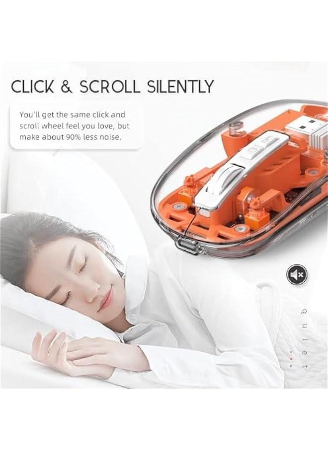 Laptop Gaming Mouse, Slim Transparent Dual Mode (Bluetooth 5.1 + USB 2.4Ghz) Silent Mouse with USB Receiver, Quite Clicks, Adjustable DPI 800-2400, Gaming Accessories For PC, Mac, Laptop - Orange