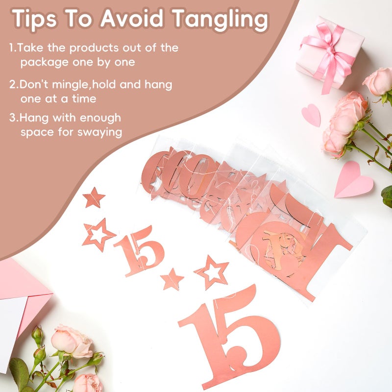 Eucutur Pink Rose Gold 15th Birthday Decorations for Girls, Pre-Strung Glitter Twinkle Number Vintage 2011 15 Years Old Hanging Streamer Banner Party Supplies, Sweet 15th Birthday Anniversary Decor - Image 3