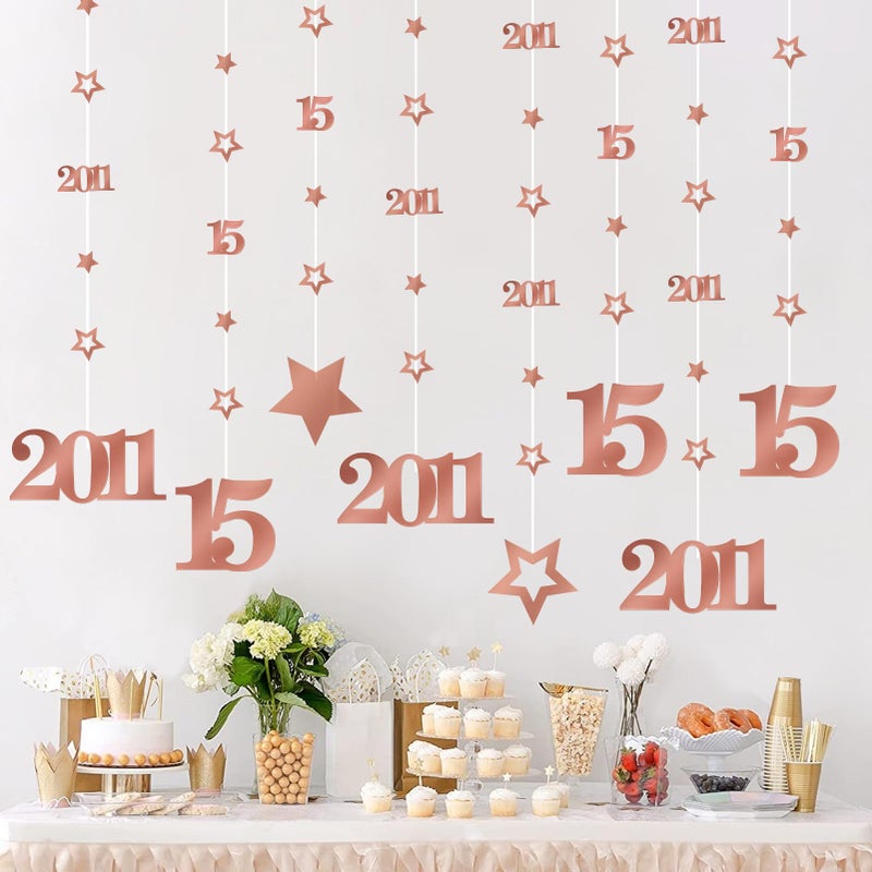 Eucutur Pink Rose Gold 15th Birthday Decorations for Girls, Pre-Strung Glitter Twinkle Number Vintage 2011 15 Years Old Hanging Streamer Banner Party Supplies, Sweet 15th Birthday Anniversary Decor - Image 4