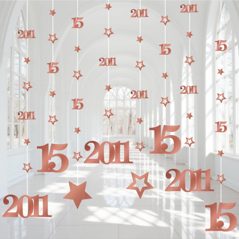 Eucutur Pink Rose Gold 15th Birthday Decorations for Girls, Pre-Strung Glitter Twinkle Number Vintage 2011 15 Years Old Hanging Streamer Banner Party Supplies, Sweet 15th Birthday Anniversary Decor - Image 1