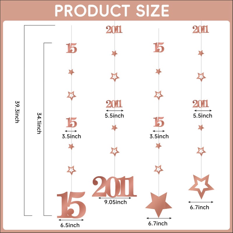 Eucutur Pink Rose Gold 15th Birthday Decorations for Girls, Pre-Strung Glitter Twinkle Number Vintage 2011 15 Years Old Hanging Streamer Banner Party Supplies, Sweet 15th Birthday Anniversary Decor - Image 2