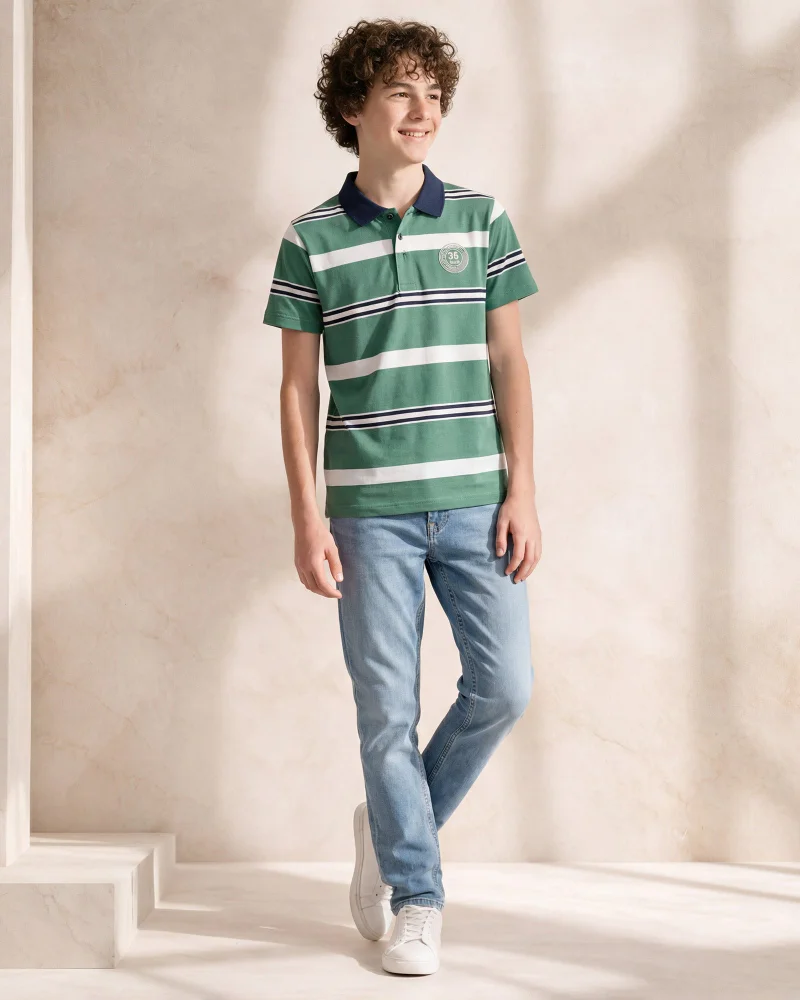 ردتاغ Boys Green Striped Polo T-Shirt