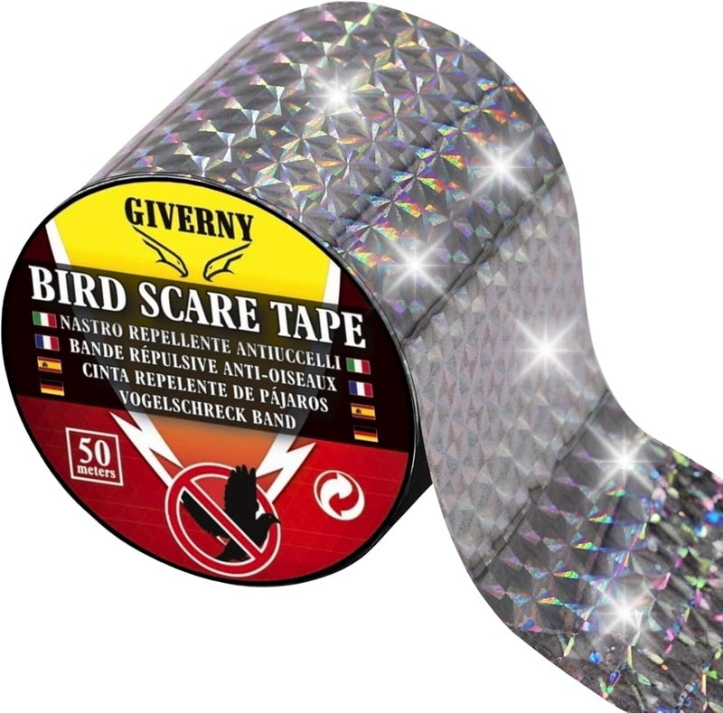 Giverny Bird Repellent Tape 50 m, Pigeon Repellent, Bird Repellent Reflective Tapes, Scares Birds for Owl, Raven Scarecrow for Garden, Balcony, - Image 1
