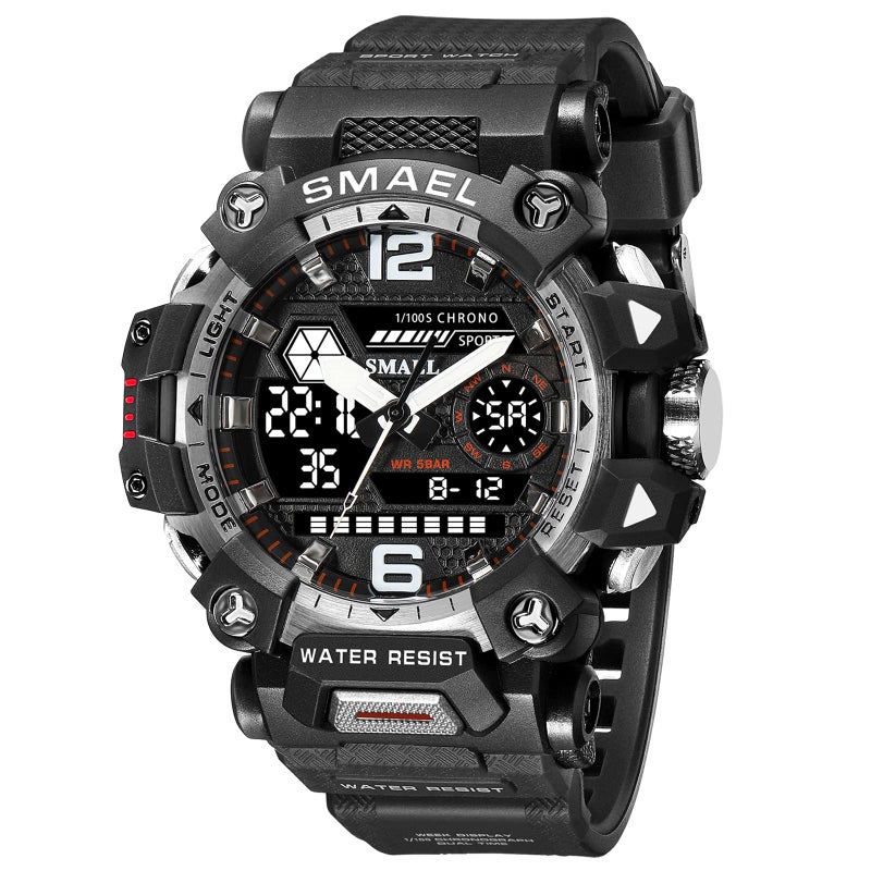 SMAEL Mens Military Watch Outdoor LED Digital Watch Waterproof Tactical Army Wrist Sports Watches for Men Black Silver 8072 - Image 2