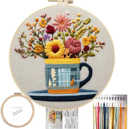 FONNUY Floral Embroidery Kit for Beginners Colorful Flowers PreStamped Pattern Kits for Adults with Hoop Thread Needlework 8 Hoop Cup - Image 1