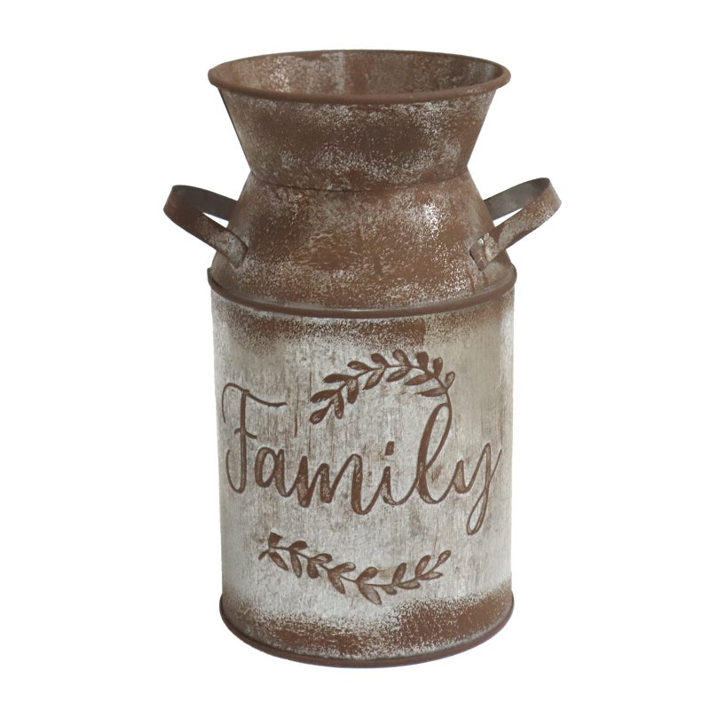 HIDERLYS 7.5" High Rustic Decorative Vase with Greetings, Metal Milk Can Country Jug for Living Room, Bedroom, Kitchen, Office - Image 1