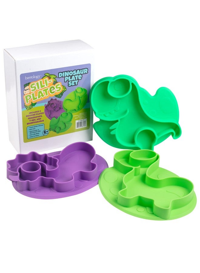 Bentology Dinosaur Silicone Compartment Plates- 3 PK T-Rex - Large Divided Sections for Easy Grabbing Baby Food Training, Non-Slip Unbreakable Material, Flexible Shapes for Toddlers, Kids - BPA Free, Food Safe - Image 4