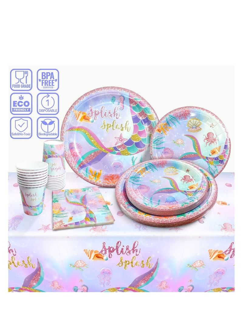 Barakah Mermaid Party Supplies Set for 20, Complete Birthday Decorations with Plates, Cups, Napkins and Tablecloth for Girls - Image 3