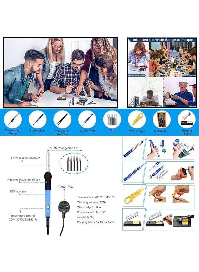 إيروريكس طقم مكواة لحام 60 وات أداة لحام قابلة للتعديل درجة الحرارة مقياس متعدد رقمي قطعتان من أطراف مكواة اللحام مضخة فك اللحام أداة تجريد الأسلاك ملقط حامل مكواة قطعتان من الأسلاك الإلكترونية - Image 4