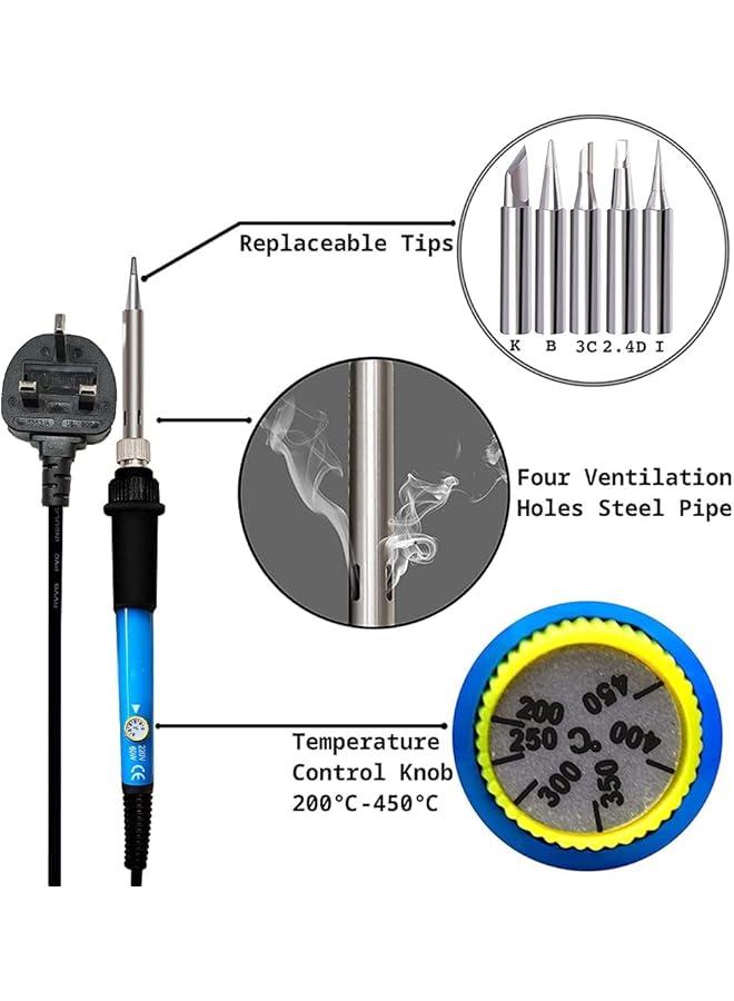 إيروريكس طقم مكواة لحام 60 وات أداة لحام قابلة للتعديل درجة الحرارة مقياس متعدد رقمي قطعتان من أطراف مكواة اللحام مضخة فك اللحام أداة تجريد الأسلاك ملقط حامل مكواة قطعتان من الأسلاك الإلكترونية - Image 3