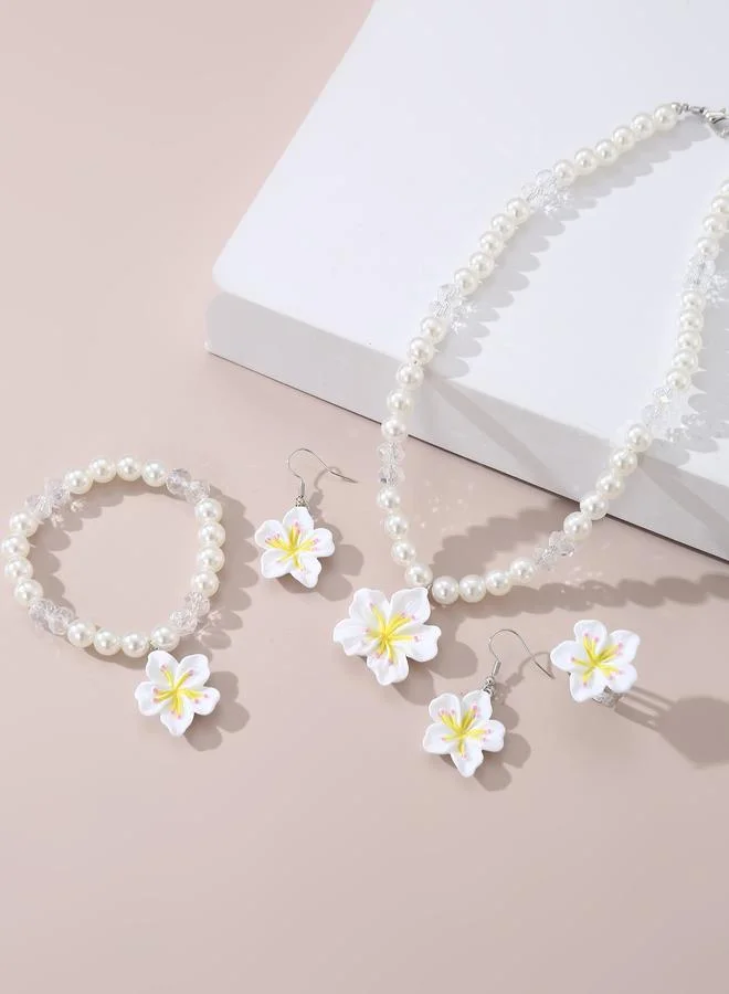 Take Two Girls White Flower Charm Pearl Necklace, Bracelet, Ring and Earrings Set