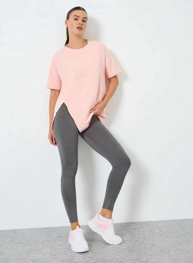 Styli Active Plain Side Slit Short Sleeve Top