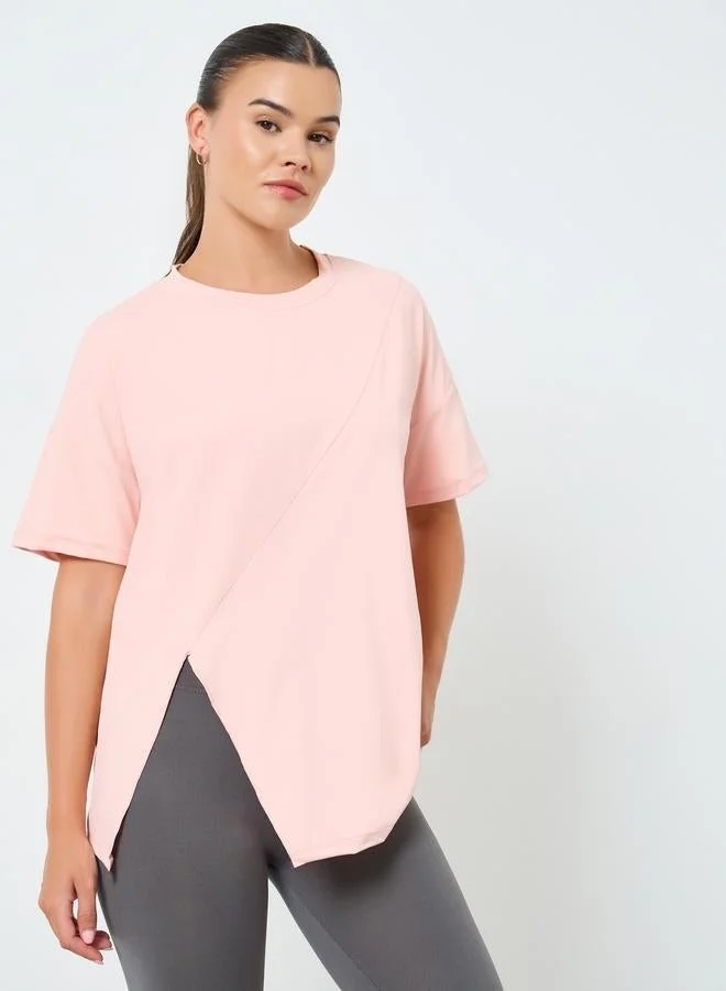 Styli Active Plain Side Slit Short Sleeve Top