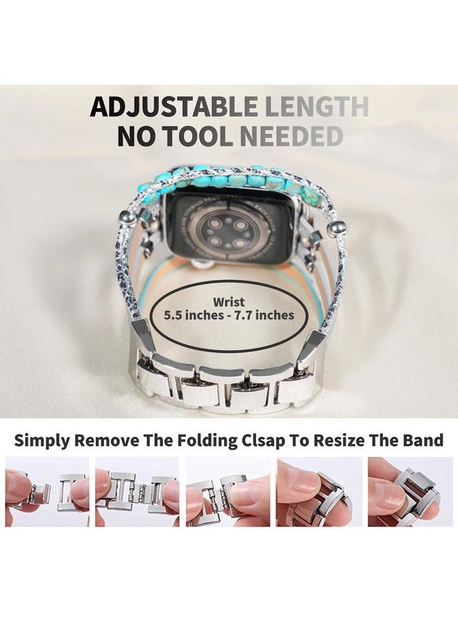 DamonLight - Beaded Boho Watch Bracelet Band Compatible with Apple Watch Band Women 38mm 40mm 41mm, Compatible for iWatch Series Ultra 8 7 6 5 4 3 2 6 1 SE (Silver, 38/40/41MM) - Image 1