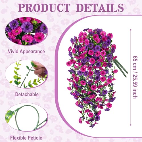 Hrobek Artificial Hanging Petunias Flowers for Outdoor 4pcs Fake Plants Long Vine Morning Glory Eucalyptus UV Resistant Realistic Faux Greenery Indoor Outside Patio Porch Garden Spring Summer Decor Purple - Image 3