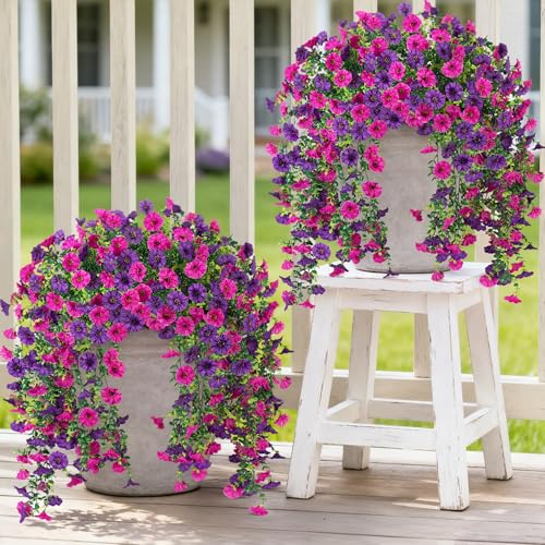 Hrobek Artificial Hanging Petunias Flowers for Outdoor 4pcs Fake Plants Long Vine Morning Glory Eucalyptus UV Resistant Realistic Faux Greenery Indoor Outside Patio Porch Garden Spring Summer Decor Purple - Image 1