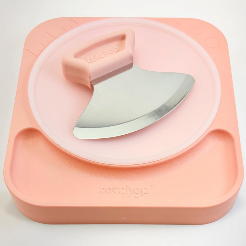 totchop Sharp Rocker Knife for Adults – Chef-Grade Kitchen Knife for Parents and Kids 12+ with Non-Slip Cutting Board, Dishwasher Safe, One-Handed Meal Prep, Microplastic-Free Insert (Sweet Peach) - Image 1