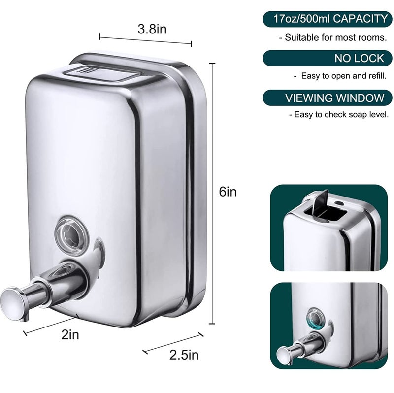 TARGET HYGIENE Commercial Soap Dispenser Wall Mount - Stainless Steel Wall Mounted Soap Dispenser for Bathroom - New Superior Design with Premium Anti-Leak Pump and Corrosion-Proof Lining -(500ml) - Image 3