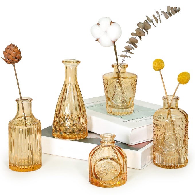 GLASS BUD VASE SET OF 5 GOLD AMBER SMALL FLOWER VASES FOR CENTERPIECES IN BULK MINI VINTAGE VASE FOR RUSTIC WEDDING HOMETABLE DECORATION