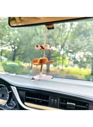 Western Cowboy Hat Cow Print & Sunflower Car Mirror Hanging Accessory - Handcrafted Felt Miniature Pendant for Women, Country Charm Rearview Mirror Decor Gift (Classic) - view 5