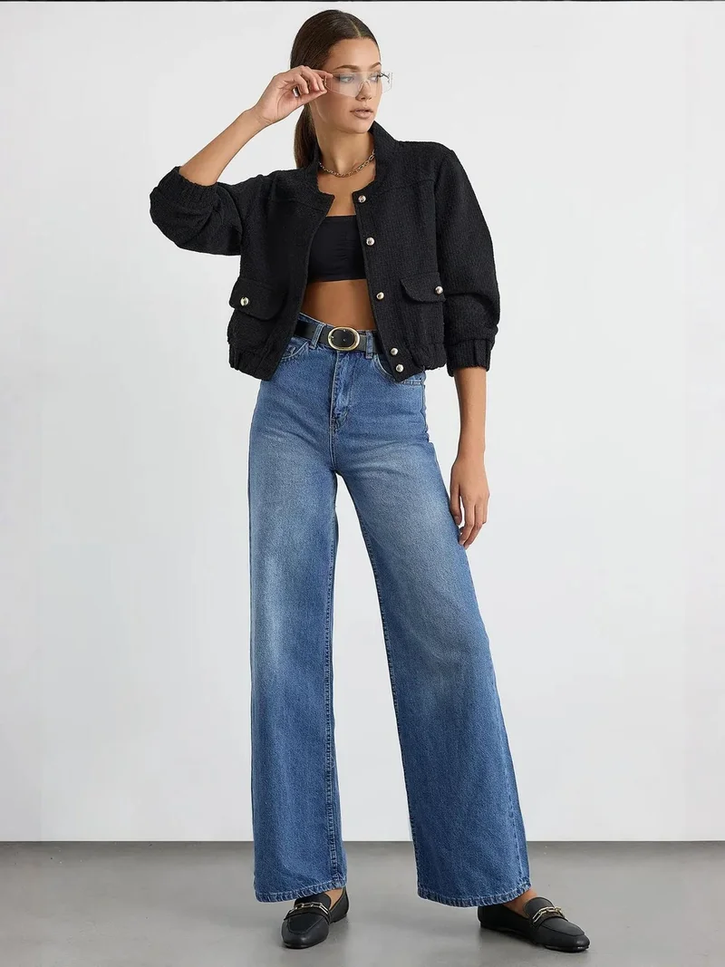 زوبعة جاكيت تويد بياقة دائرية وتفاصيل جيب