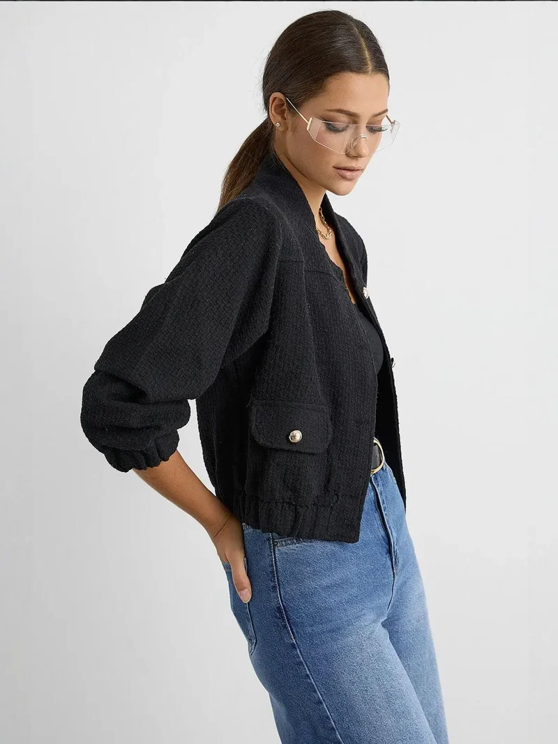 HICCUP Black Tweed Round Neck Jacket with a Pocket Detail for Women | Best Price UAE