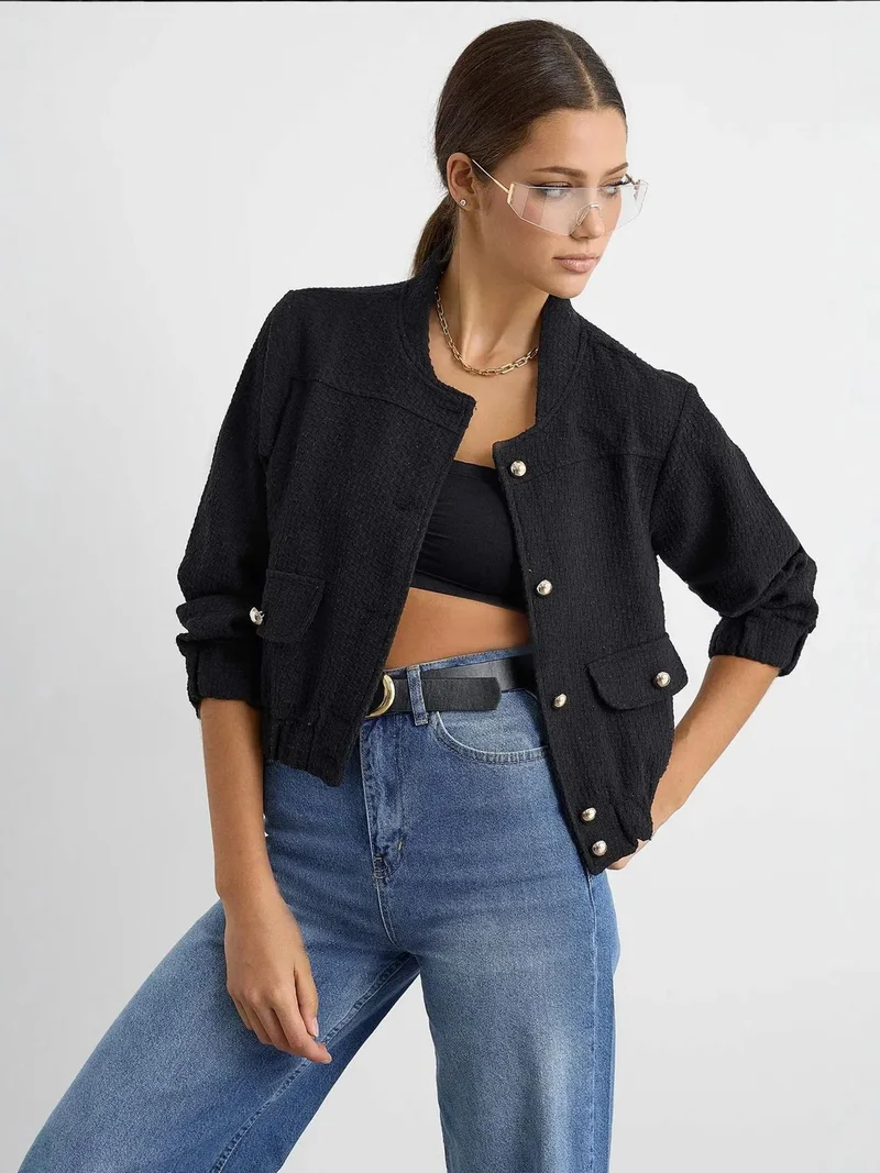 زوبعة جاكيت تويد بياقة دائرية وتفاصيل جيب