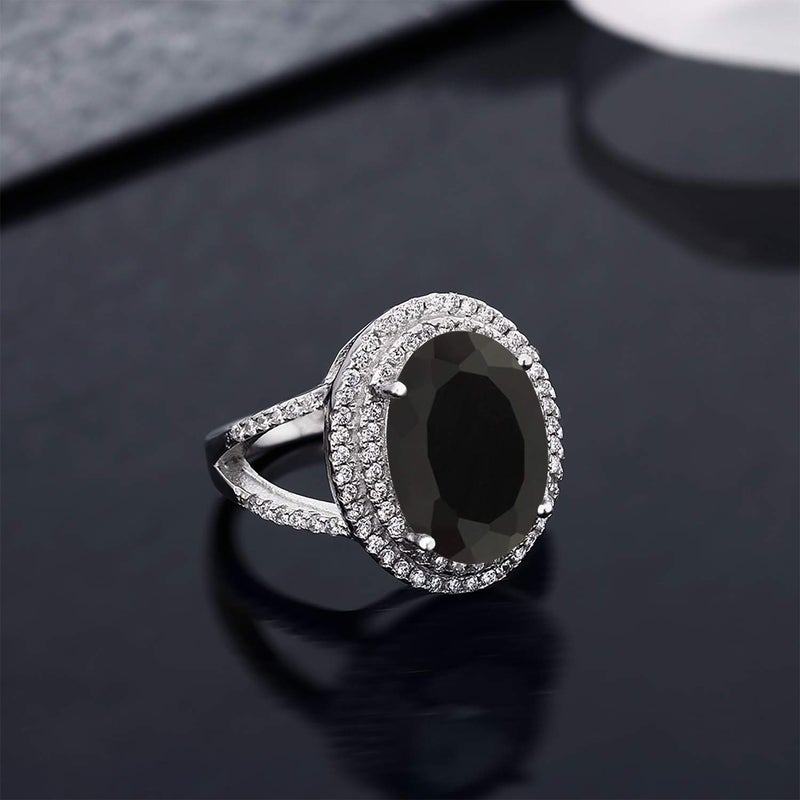 GEM STONE KING GemStoneKing 6.44 Carat 14X10MM Oval Natural Genuine Black Onyx Women's Ring Solid 925 Sterling Silver Cocktail Ring , Black and White , (SIZE 7) - Image 5
