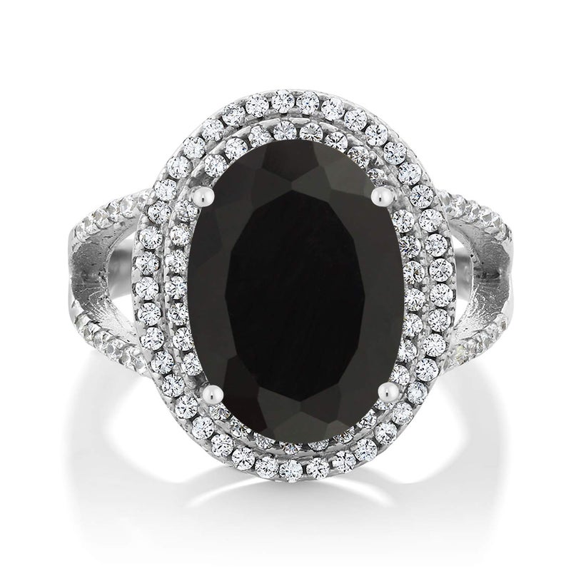 GEM STONE KING GemStoneKing 6.44 Carat 14X10MM Oval Natural Genuine Black Onyx Women's Ring Solid 925 Sterling Silver Cocktail Ring , Black and White , (SIZE 7) - Image 1