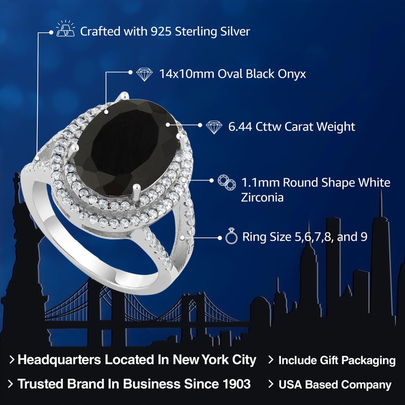 GEM STONE KING GemStoneKing 6.44 Carat 14X10MM Oval Natural Genuine Black Onyx Women's Ring Solid 925 Sterling Silver Cocktail Ring , Black and White , (SIZE 7) - Image 2