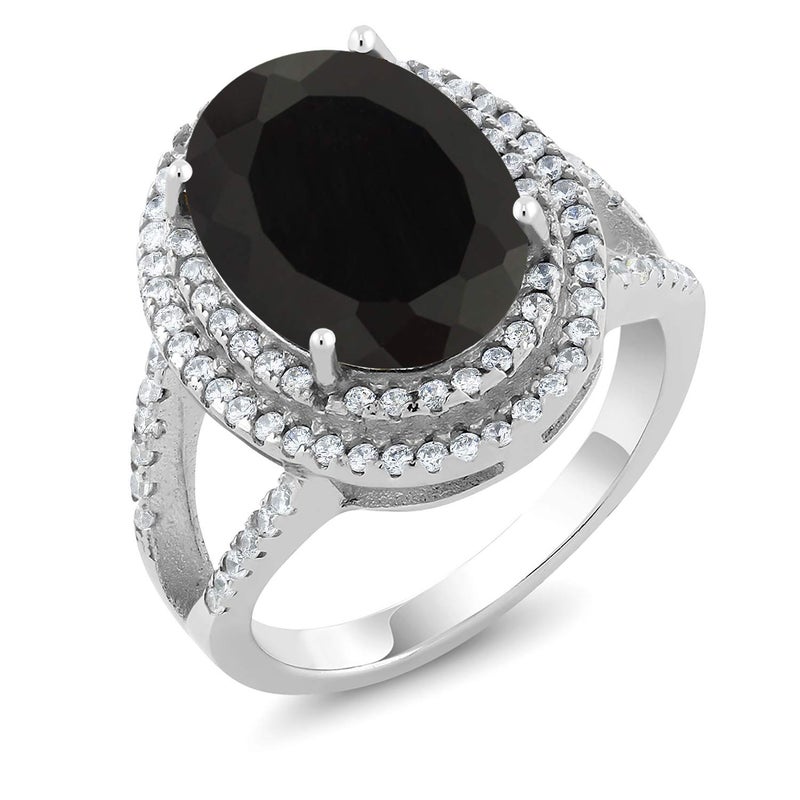 GEM STONE KING GemStoneKing 6.44 Carat 14X10MM Oval Natural Genuine Black Onyx Women's Ring Solid 925 Sterling Silver Cocktail Ring , Black and White , (SIZE 7) - Image 3