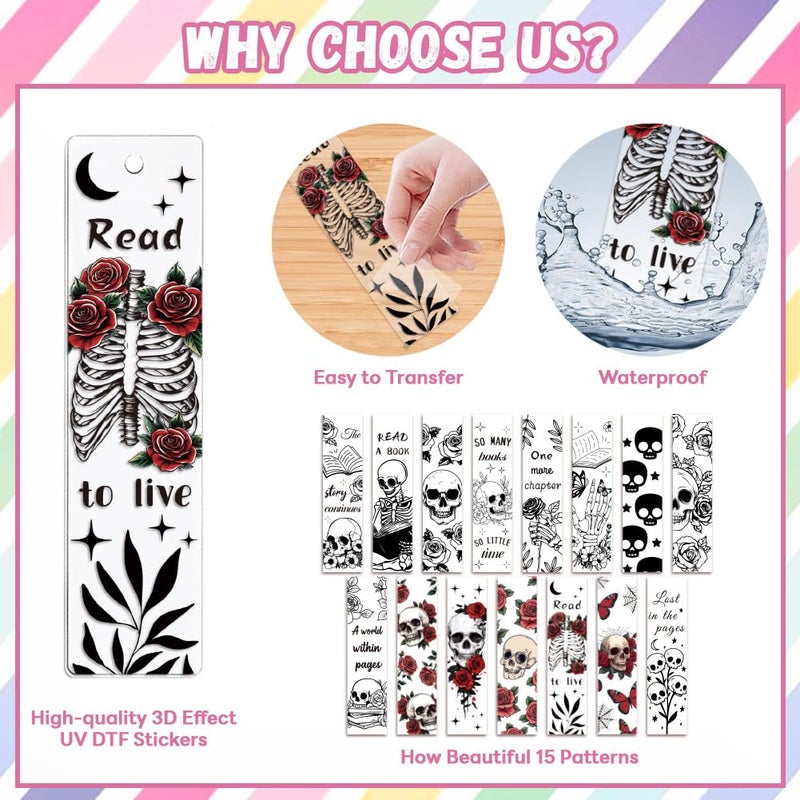 Peacoblue 30pcs UV DTF Bookmarks Transfer Stickers Wraps Skull and Flower for Women Men Reading, Waterproof Bookmarkers Decal(No Blank Bookmarks) for Acrylic Plastic Metal Blank Bookmark - Image 3