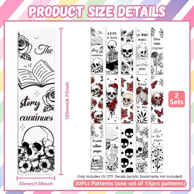 Peacoblue 30pcs UV DTF Bookmarks Transfer Stickers Wraps Skull and Flower for Women Men Reading, Waterproof Bookmarkers Decal(No Blank Bookmarks) for Acrylic Plastic Metal Blank Bookmark - Image 2