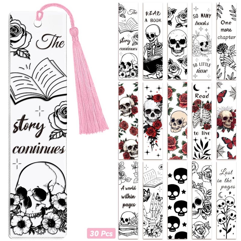 Peacoblue 30pcs UV DTF Bookmarks Transfer Stickers Wraps Skull and Flower for Women Men Reading, Waterproof Bookmarkers Decal(No Blank Bookmarks) for Acrylic Plastic Metal Blank Bookmark - Image 1